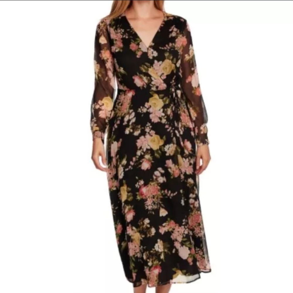 Vince Camuto Womens Sheer Sleeve Floral Wrap Dress